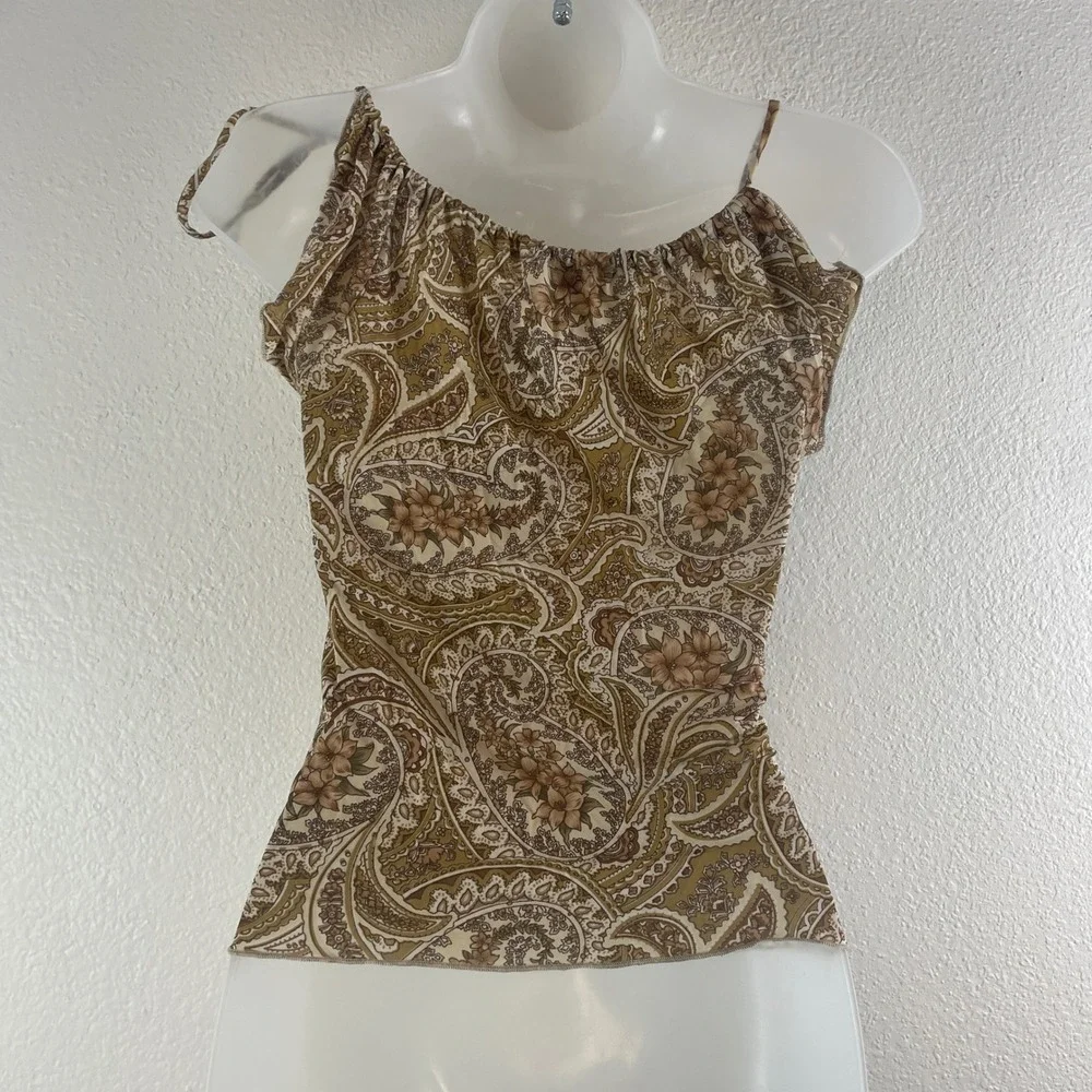 Vtg Charlotte Russe Paisley Floral Cold Shoulder Top Small Brown Tan Y2K Boho